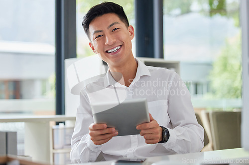 Image of Business man, tablet and portrait with a smile from company ceo at startup office. Happy, technology and auditor of a male employee online at a desk with professional email and web strategy success