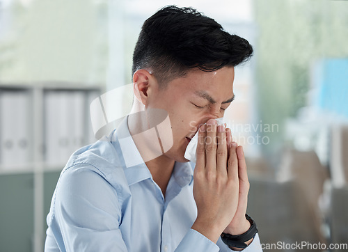 Image of Sick, blowing nose and virus with asian man in office for illness, influenza and allergy. Sneeze, bacteria and disease with male employee and tissue in corporate business for allergies and congestion