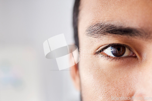 Image of Vision, eye and portrait of man, thinking and ideas for startup business with focus and commitment. Motivation, face closeup and eyes of young businessman with calm mindset and person with an idea