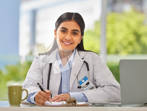 Image of Medical, writing and portrait of doctor in office for consulting, report and paperwork. Medicine, healthcare and checklist with woman in hospital for prescription, wellness exam and results