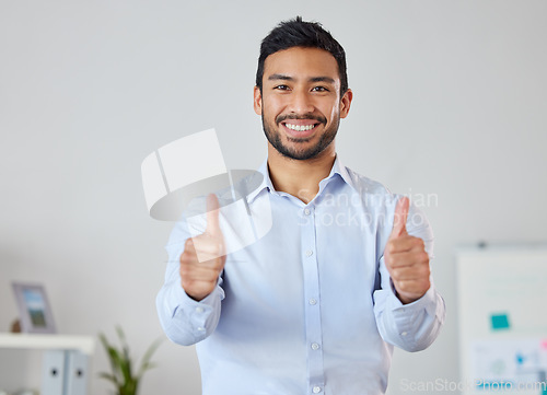 Image of Thumbs up, success and portrait of business man in office for achievement, winner and agreement. Good luck, thank you and vote with male employee and hand gesture for target, goals and feedback