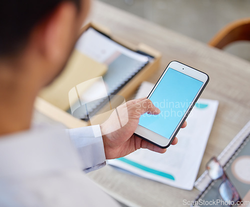 Image of Business man hand, phone screen mockup and male person in a office with typing and networking at company. Text, social media app and professional worker with online communication and mobile message