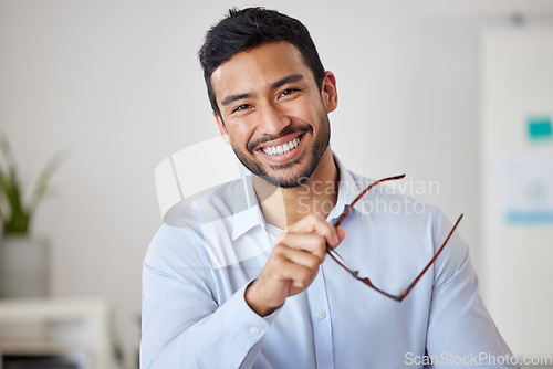 Image of Portrait of man in office with smile, glasses and confidence in project management with ideas, vision and happiness. Professional consultant, advisor or manager at startup, happy face of businessman