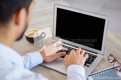 Image of Man in office, typing and laptop keyboard, internet and research for online financial report at accounting start up. Hands on computer, accountant or businessman writing email, proposal or feedback.