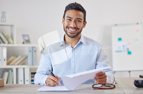 Image of Business man, paperwork and portrait in a office at startup and insurance management job. Company, professional and male employee with smile from contract, deal and corporate consultant work at desk