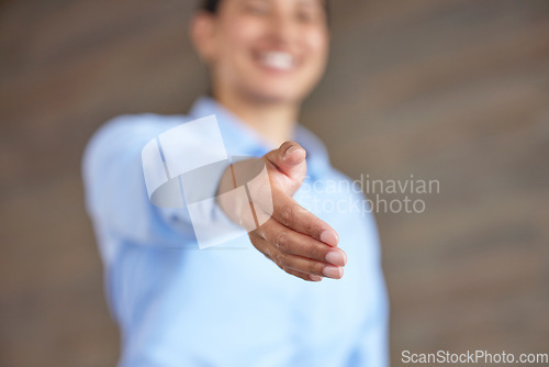 Image of Business person, handshake and employee hand for thank you, greeting and interview meeting. Office, support and welcome b2b gesture with shaking hands for hiring partnership with trust and smile