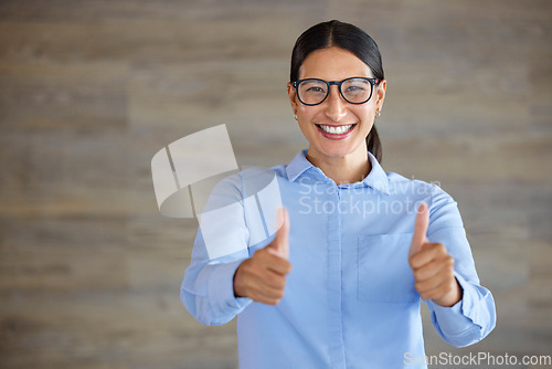 Image of Business woman, thumbs up and portrait with a smile from success, motivation and yes vote. Mockup, young female professional and employee with happy, winner and emoji hand gesture with job trust