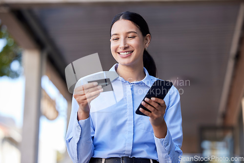 Image of Woman, smile with credit card and smartphone outdoor, online shopping with payment and fintech. Happy, store account and ecommerce with female person, mobile bank app and internet banking transaction