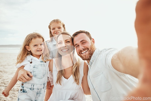 Image of Selfie of mom, dad and kids on beach, travel and happiness on ocean holiday in Australia together. Mother, father and happy children with smile in self portrait in nature on summer vacation at sea.