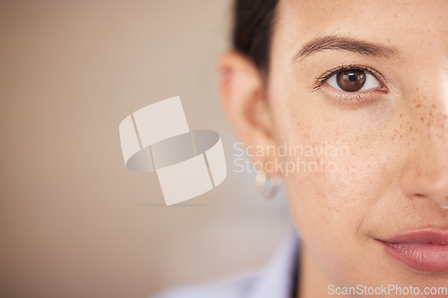 Image of Closeup, portrait and woman with mockup, eye and freckles with goals, vision and clear vision. Face, female person and model with eye care, split in half and confident with skincare, idea and facial