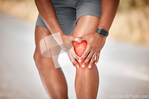 Image of Fitness, knee pain and injury with a sports man outdoor in nature for cardio or endurance running. Exercise, medical or anatomy accident with a male athlete holding a joint while training for health