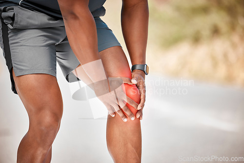 Image of Fitness, knee pain and anatomy with a sports man outdoor in nature for cardio or endurance running. Exercise, medical accident or injury with a male athlete holding a joint while training for health