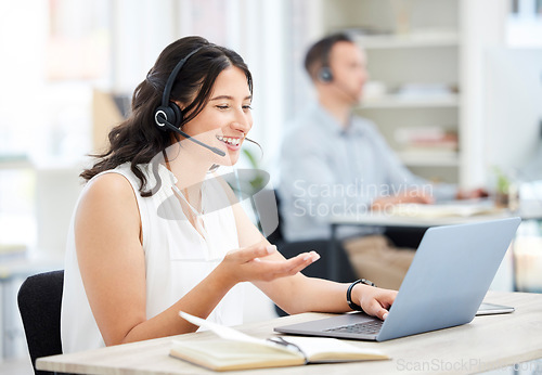 Image of Woman, callcenter and laptop with phone call and smile, happy conversation with communication and contact us. CRM, customer service and help with female consultant at desk, positivity and telecom