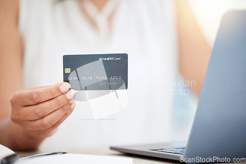 Image of Hand, credit card and e commerce with woman and laptop, corporate account and finance with payment on website. Female professional, online shopping and internet banking with investment and fintech