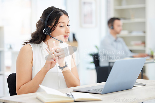 Image of Business woman, video call and laptop with webinar, training workshop and virtual communication at office. Female professional, online chat and conversation with help desk, tech support and seminar