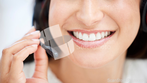 Image of Woman with smile, face and closeup with call center, happy agent teeth with communication and contact us. CRM, customer service and female consultant mouth with headset mic, positivity and telecom