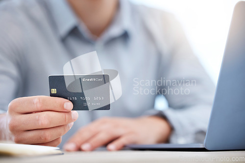 Image of Hand, credit card and e commerce with man and laptop, corporate account and finance with payment on website. Businessman, online shopping with internet banking, investment and trading with fintech