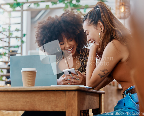 Image of Phone, cafe and happy women or friends with social media, restaurant and online meme for e learning or university remote work. African people or students at coffee shop on mobile app, web and college