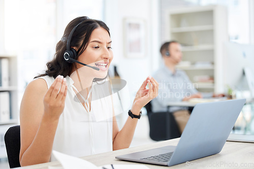 Image of Woman, callcenter and anger, frustrated with phone call and laptop software glitch or communication fail and confused. Customer service, tech support mistake and 404 with annoyed female consultant