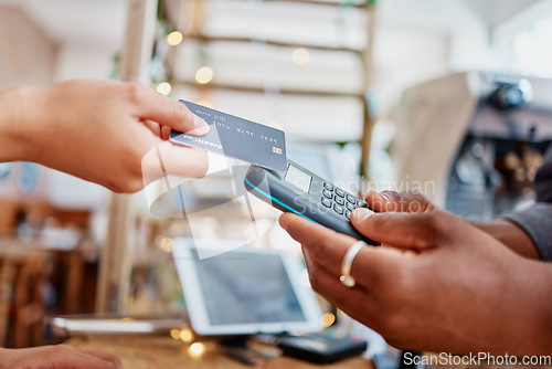 Image of Credit card, POS and people hands in small business, e commerce transaction and fintech payment or store machine. Digital banking, customer services or b2c woman, cashier or man in shop or restaurant