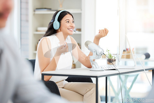 Image of Headphones, microphone or girl live streaming a podcast media, online radio or content on network. Influencer host, broadcast or journalist reporter talking, recording or speaking of news on computer