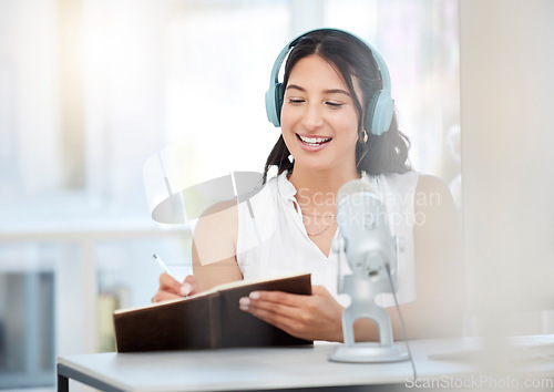 Image of Headphones, microphone or happy girl writing notes on podcast, online radio or network broadcast. Influencer host, woman or journalist reporter live streaming or planning content ideas or schedule