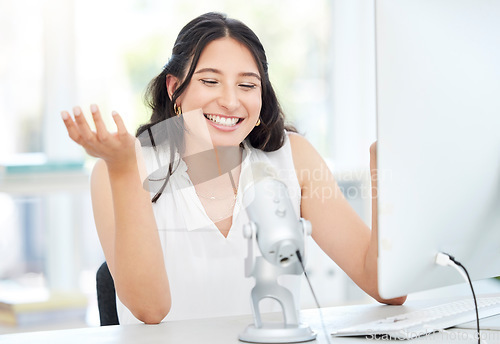 Image of Influencer, microphone or happy woman live streaming a podcast media, online content or network. Presenter, broadcast host or journalist reporter smiling, recording or speaking of news on computer