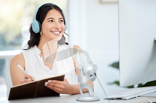 Image of Headphones, microphone or happy woman writing notes on podcast, online radio or network broadcast. Influencer host, or journalist reporter live streaming or thinking of content ideas or schedule