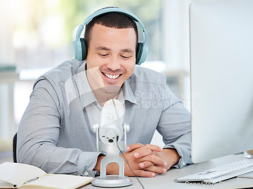 Image of Headphones, microphone or happy man streaming a podcast media, online radio or network. Influencer host, broadcast or male journalist reporter talking, recording or speaking of live news on computer