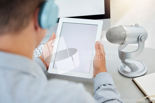 Image of Mockup on tablet, microphone or man on a podcast, online radio or or live streaming on broadcast network. Influencer host, mockup space or reporter reading or speaking of digital news blog on screen