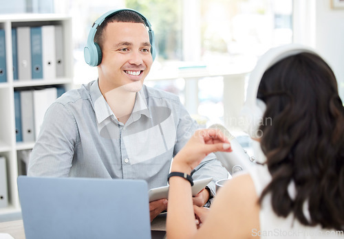 Image of Conversation, happy man or woman live streaming podcast or online radio on social media broadcast together. Influencer host listening, teamwork or reporters talking, discussion or speaking of news