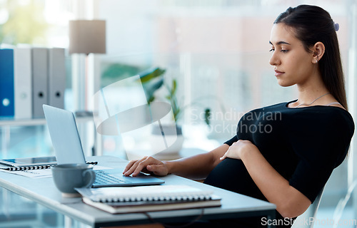 Image of Business woman, pregnancy and typing in office with laptop, search or project in finance company. Pregnant businesswoman, accounting and computer at desk with planning, schedule and touching stomach