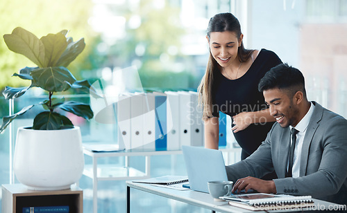 Image of Pregnant business woman, man and talking in office for typing, coaching and smile in finance company. Businessman, accounting or partnership with pregnancy, happy and teamwork with hand on stomach