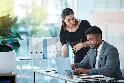 Image of Pregnant business woman, man and talk in office with typing, coaching or project in finance company. Businesswoman, accounting or partnership with pregnancy, planning or teamwork with hand on stomach
