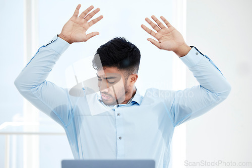 Image of Professional, man and sweat on shirt at the office with anxiety stress as an entrepreneur. Male person, armpit and sweating on body is working at a desk with worry, pressure and heat at a company.