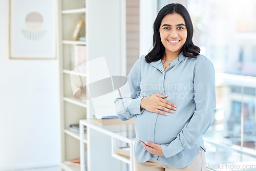 Image of Happy, business and portrait o pregnant woman in office for professional, pride and entrepreneur. Creative, career and happiness with female employee for maternity, pregnancy and motherhood