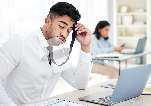 Image of Business, stress and man with a laptop, burnout and overworked with anxiety, mistake and error. Male person, employee and entrepreneur with a pc, technology and professional with glitch and crisis