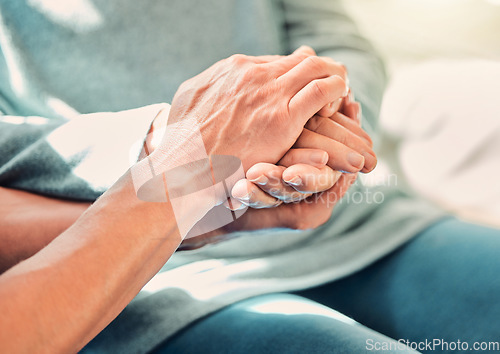 Image of Holding hands, care and caregiver with senior woman for support and trust in a nursing home for people in retirement. Nurse, help and elderly patient with a professional for medical and cancer advice