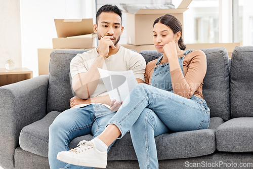 Image of Couple reading letter, house foreclosure and financial crisis, debt and stress with moving to new property. People with note from bank, recession and final notice of eviction with real estate problem