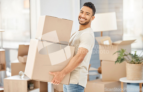 Image of Portrait, smile and man with boxes, moving and new house with property, management and growth. Face, male person and guy with happiness, mortgage and cardboard with investment, success and relocation