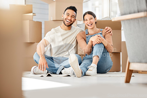 Image of Relax, moving and box with portrait of couple in living room of new home for investment, property or support. Real estate, packing and goal with man and woman in apartment for rent, homeowner or love