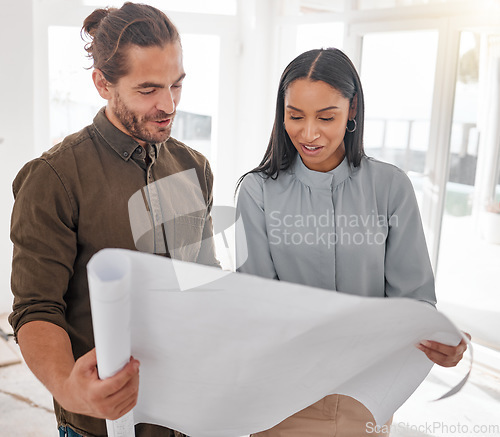 Image of Architect, teamwork and couple with blueprint for planning at construction site. Document, architecture and happy man and woman with design for engineering, building plan and reading project strategy