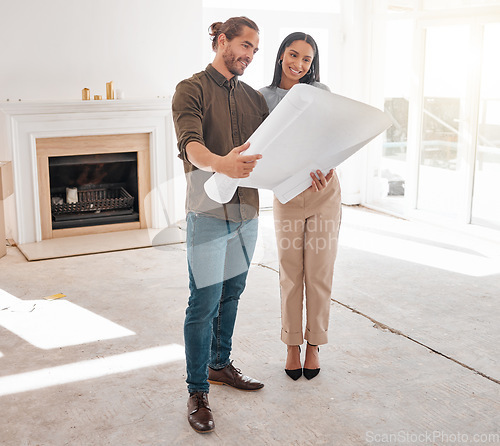 Image of Architect, collaboration and couple with blueprint for planning at construction site. Document, architecture and happy man and woman with design for engineering teamwork, building and reading plan.