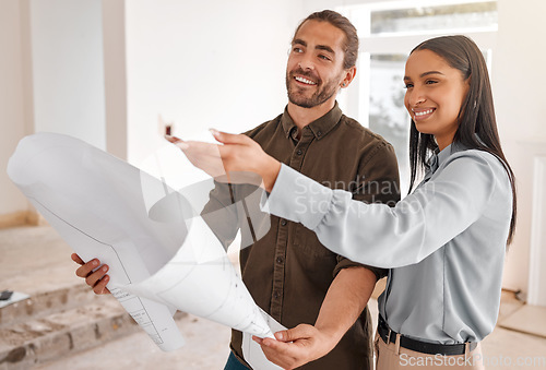 Image of Teamwork, architect and couple with blueprint at construction site for planning. Document, architecture and happy man and woman with design for engineering, building plan and collaboration on project