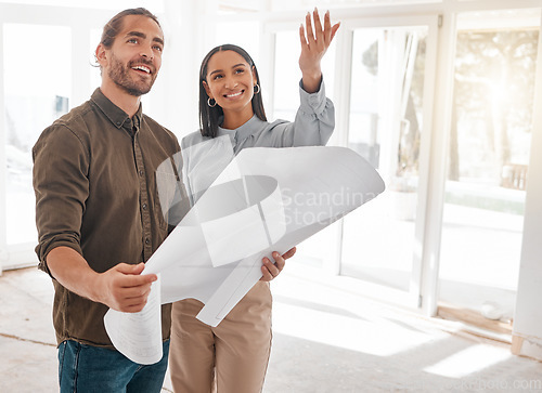 Image of Architects, teamwork and couple with blueprint for planning at construction site. Document, architecture and happy man and woman with design for engineering collaboration, building and illustration.