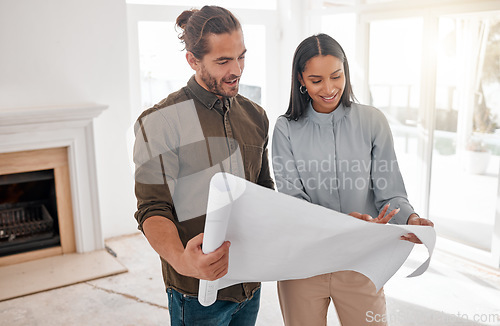 Image of Architecture, collaboration and couple with blueprint at construction site for planning. Document, architects and happy man and woman with design for engineering teamwork, building plan and reading.