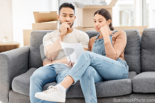 Image of People reading letter, house foreclosure and financial crisis, debt and stress with moving to new property. Couple with note from bank, recession and final notice of eviction with real estate problem