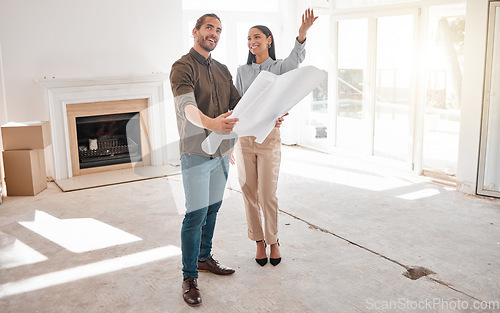 Image of Architect, teamwork and couple with blueprint for planning at construction site. Design, architecture and happy man and woman with drawing for engineering, building plan and project strategy in home.