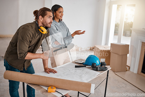Image of Teamwork, architecture and couple with blueprint in new home, property or construction site. Document, architects and man and woman with design for engineering, building and planning for real estate.