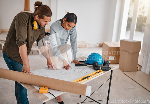 Image of Teamwork, architect and blueprint for planning at construction site. Collaboration, architecture and man and woman with design drawing for engineering, building plan and reading project strategy.